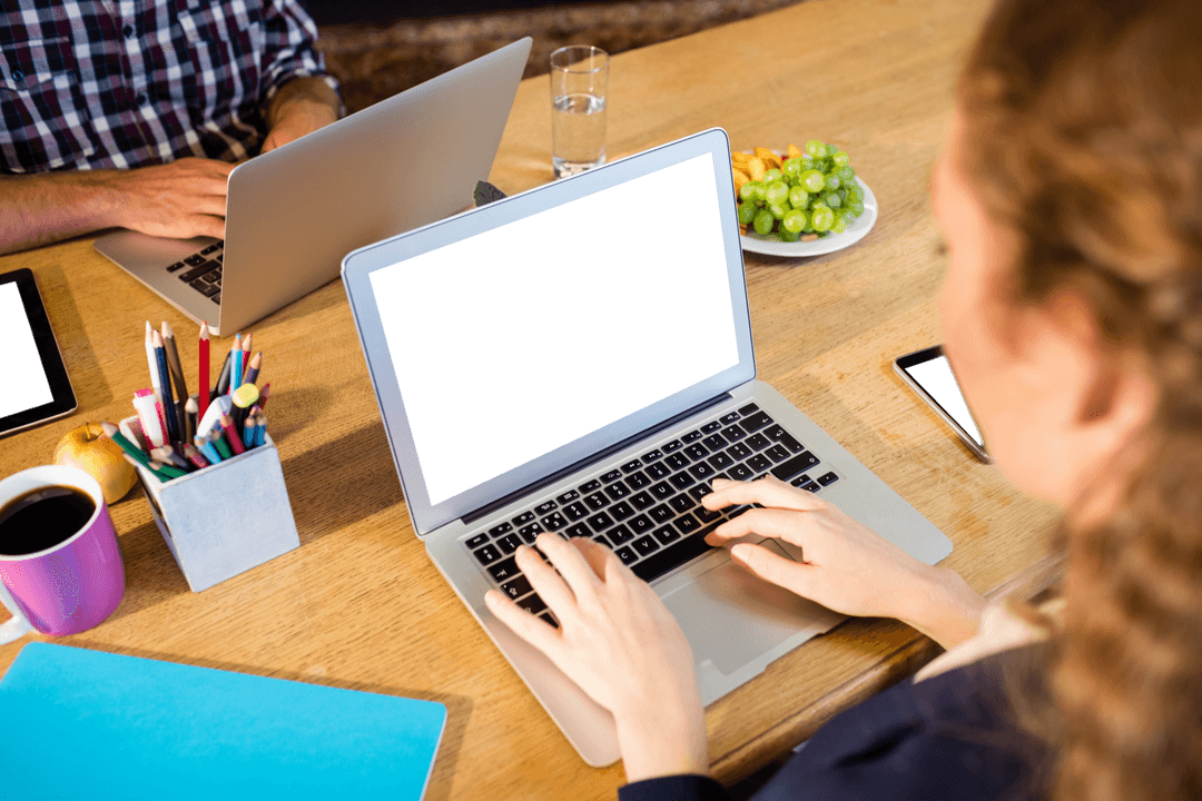 Transparent Laptop Screen Business Meeting with Workspace