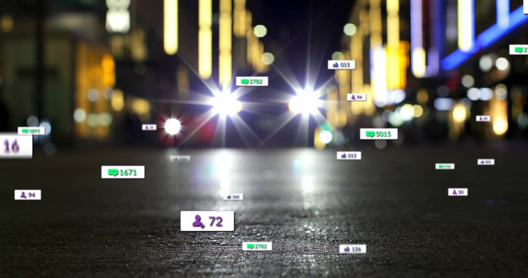 Digital Social Media Icons Floating on Urban Street at Night