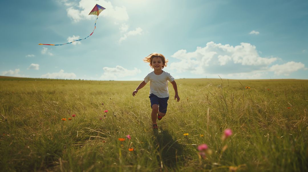 Boy running through wildflower meadow while flying colorful kite on sunny summer day