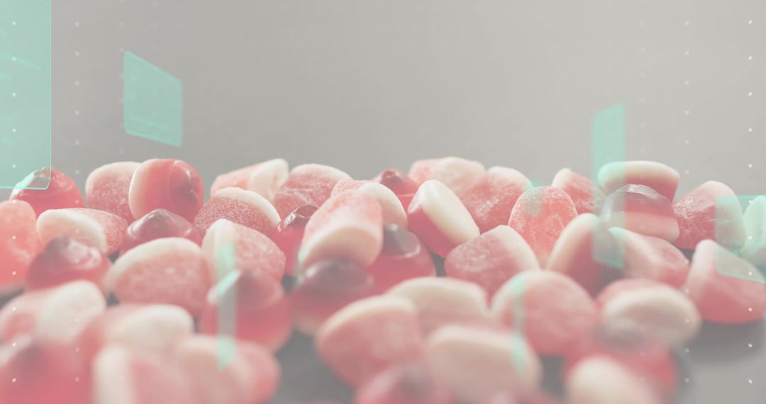Pastel gummy candies sparkling with sugar crystals, soft dreamy bokeh and mint light flare