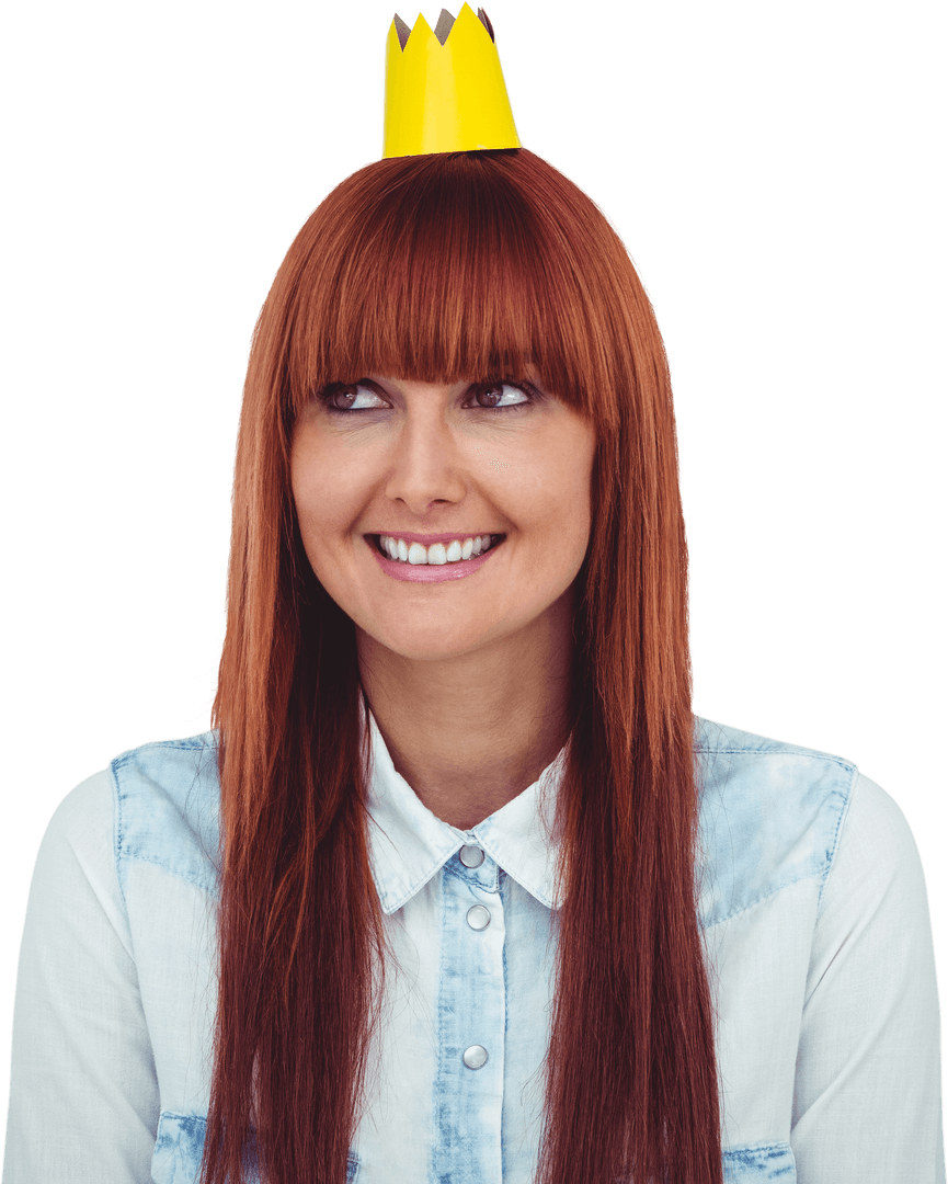 Smiling Woman with Yellow Paper Crown on Transparent Background