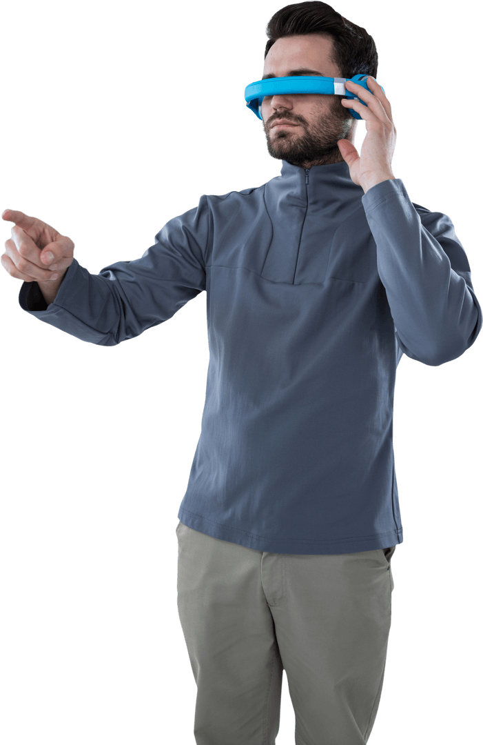 Man Engaging with Virtual Reality Wearing Futuristic Simulator on Transparent Background