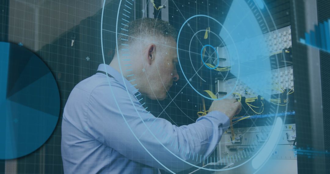 Technician Working in Server Room with Digital Interface Overlay