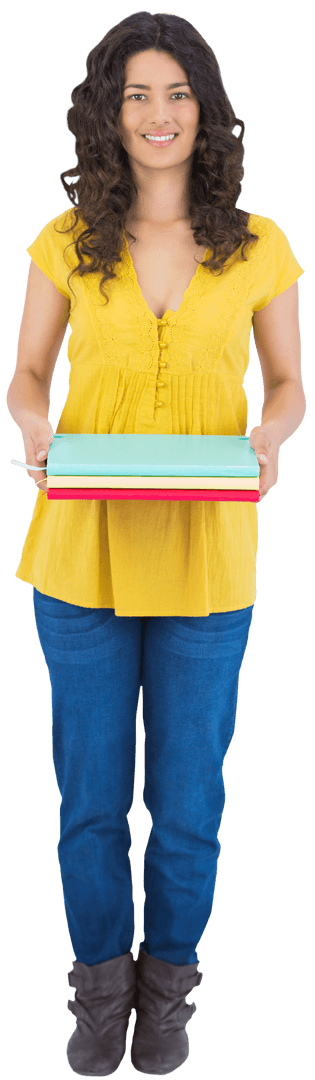 Transparent Image of Woman with Curly Hair Holding Notebooks Smiling