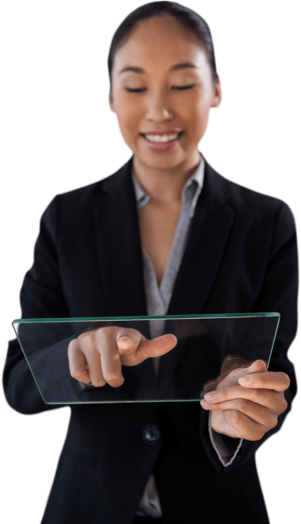 Businesswoman Using Futuristic Transparent Glass Interface