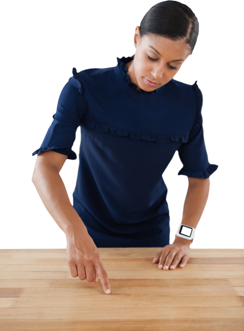 Transparent Interaction: Businesswoman Use Invisible Interface on Wooden Table