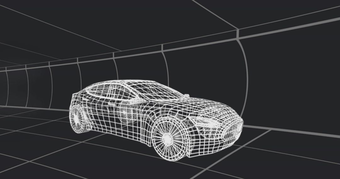 Wireframe Sedan Model in Futuristic Tunnel Perspective for Automotive Design Visualization
