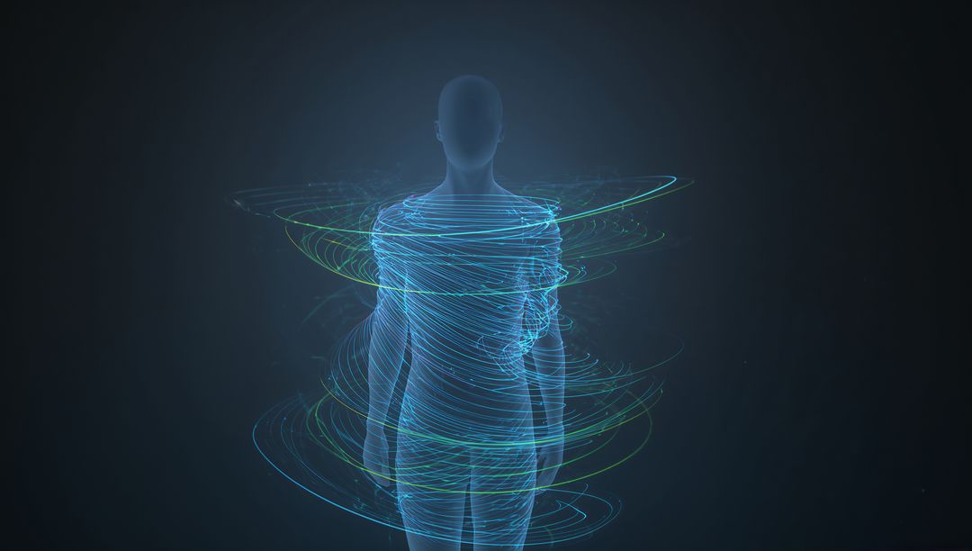 Glowing Holographic Human Avatar Rotating with Spiraling Neon Data Rings and Particles