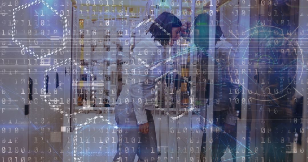 Tired IT Engineer Analyzing Data in Server Room with Digital Overlay