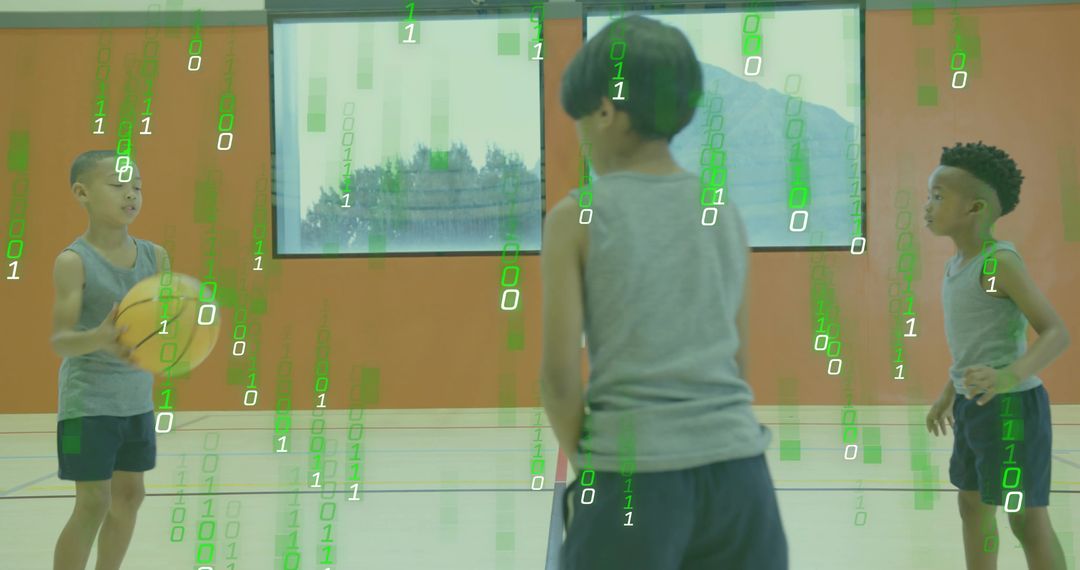 Boys with Basketball Embracing Technology Binary Overlay