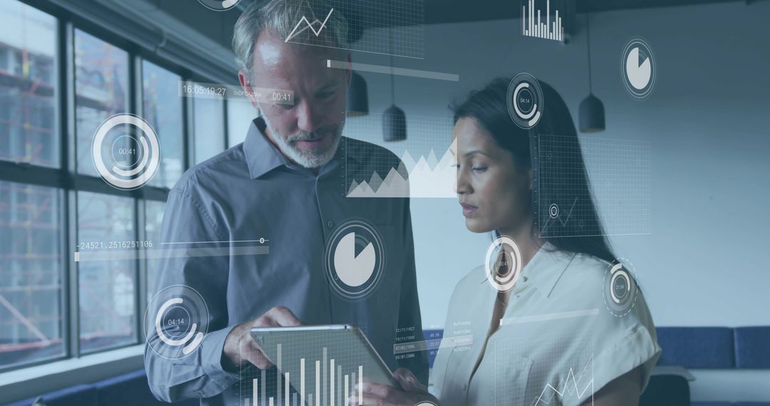 Colleagues Reviewing Tablet with Interactive Data Overlays for Business Analytics