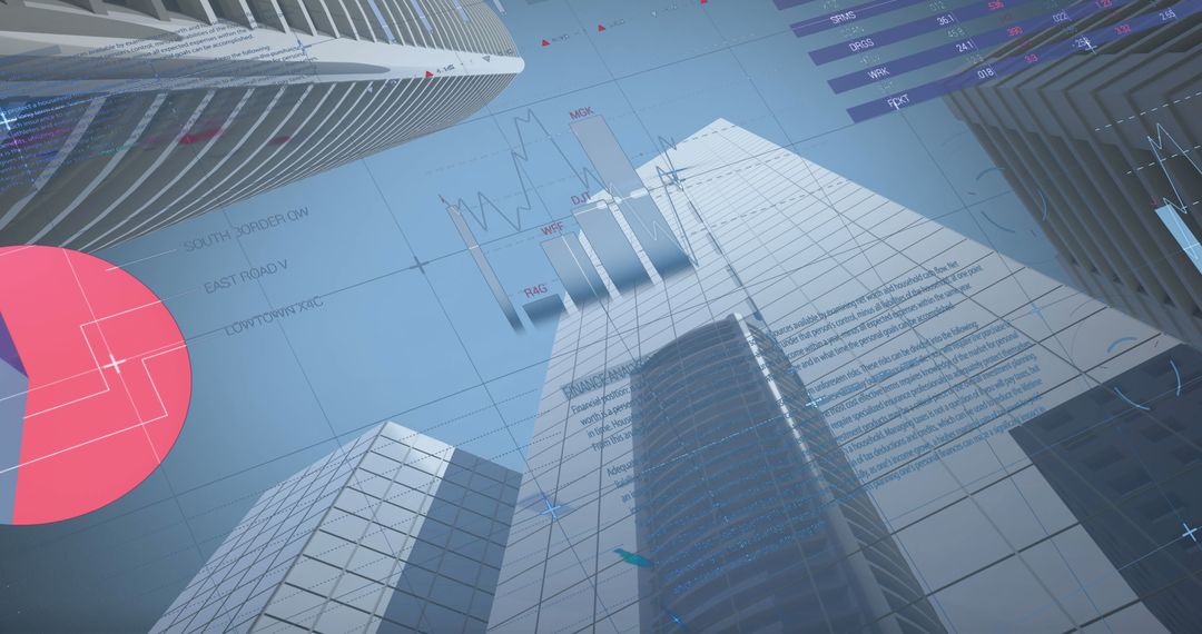Digital Financial Data Overlay on Cityscape with Graphs and Charts