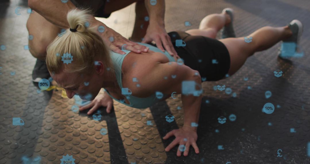 Personal Trainer Guiding Push-up Exercise with Digital Marketing Overlays