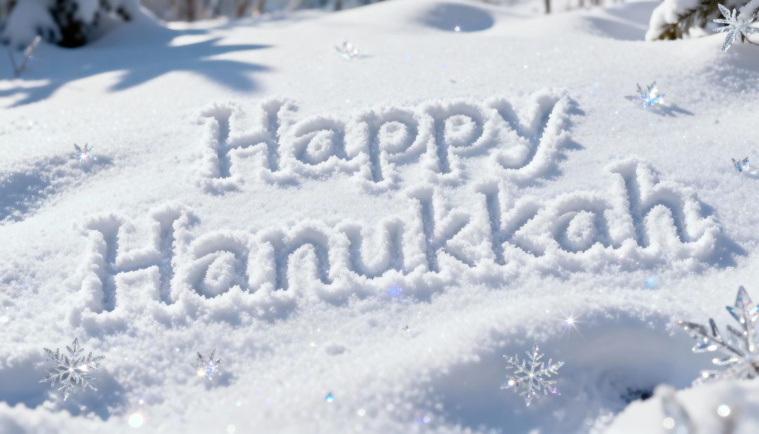 Happy Hanukkah carved in sparkling snow with glittering snowflakes and soft winter light