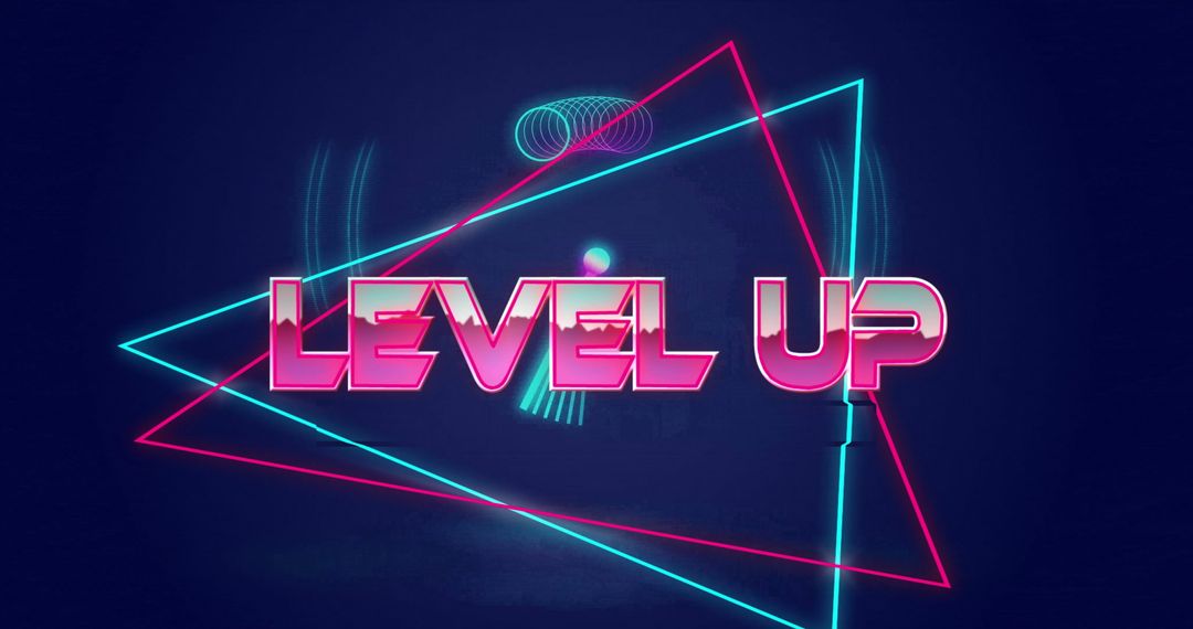 Neon Styled Level Up Sign Over Geometric Shapes
