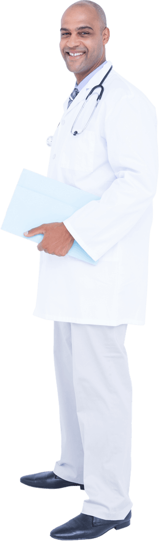 Transparent Background Portrait of Smiling Male Doctor Holding File