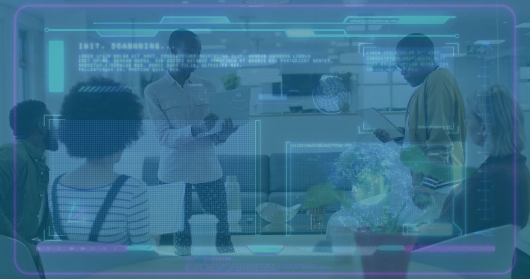 Diverse Team Collaborating Through Futuristic Interface