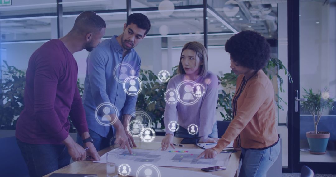 Diverse Team Collaborating in High-Tech Workspace with Digital Overlay