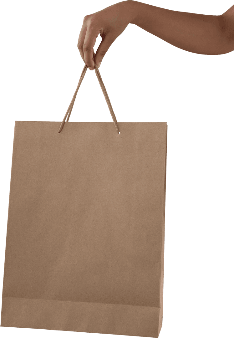 Woman's Hand Holding Brown Paper Shopping Bag on Transparent Background