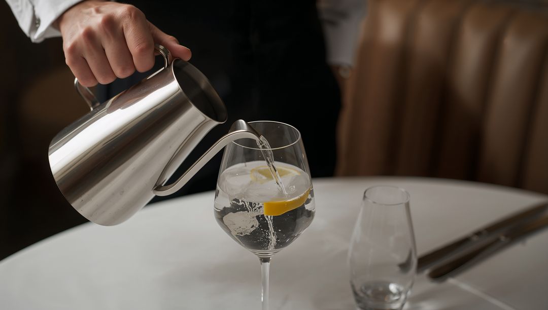 Waiter pouring water with lemon into wine glass using gooseneck pitcher in fine dining