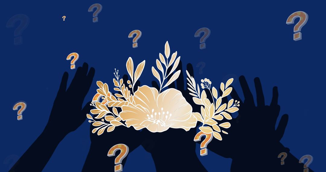 Silhouetted Hands Reaching Towards Floral Motif Over Question Marks