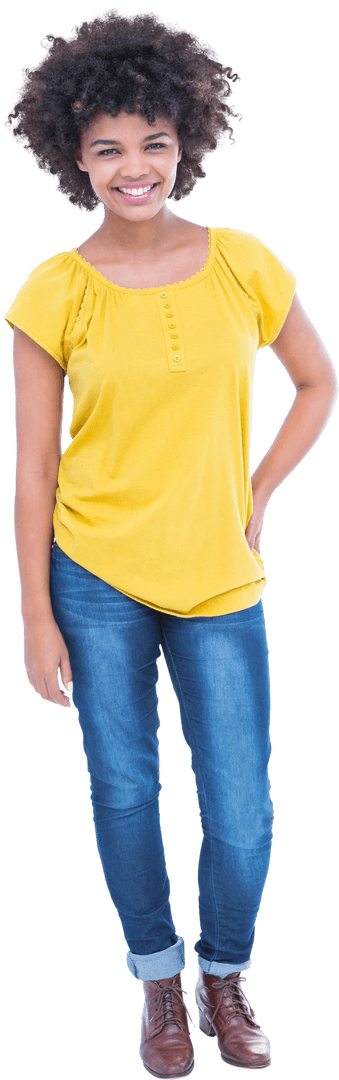 Happy Afro-Haired Woman Smiling in Casual Yellow Top and Jeans - Transparent Background