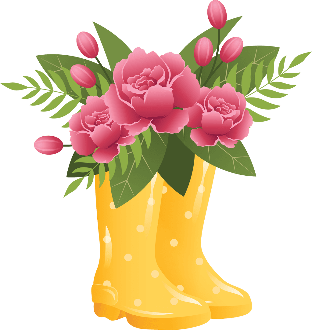 Vibrant Bouquet in Yellow Boots on Transparent Background