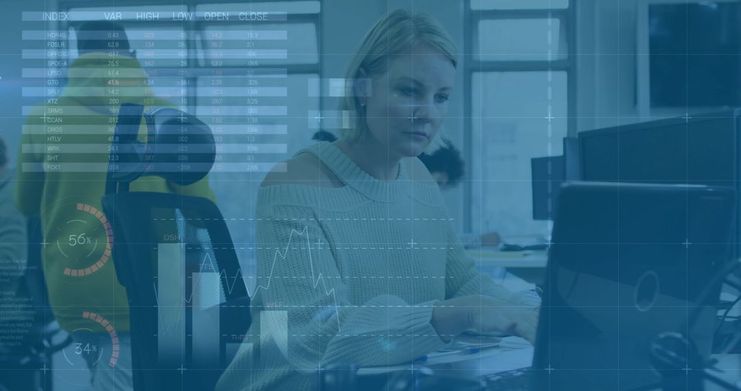 Businesswoman Analyzing Digital Graphs on Computer in Modern Office