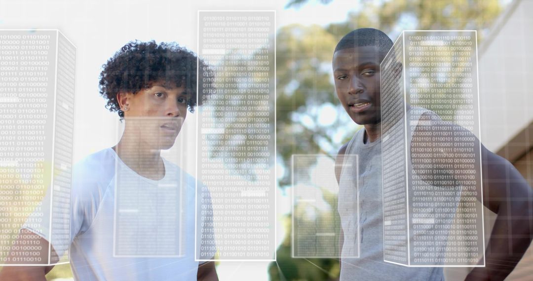 Young Duo Analyzing Data with Binary Augmented Reality Overlays Outdoors, Tech Collaboration