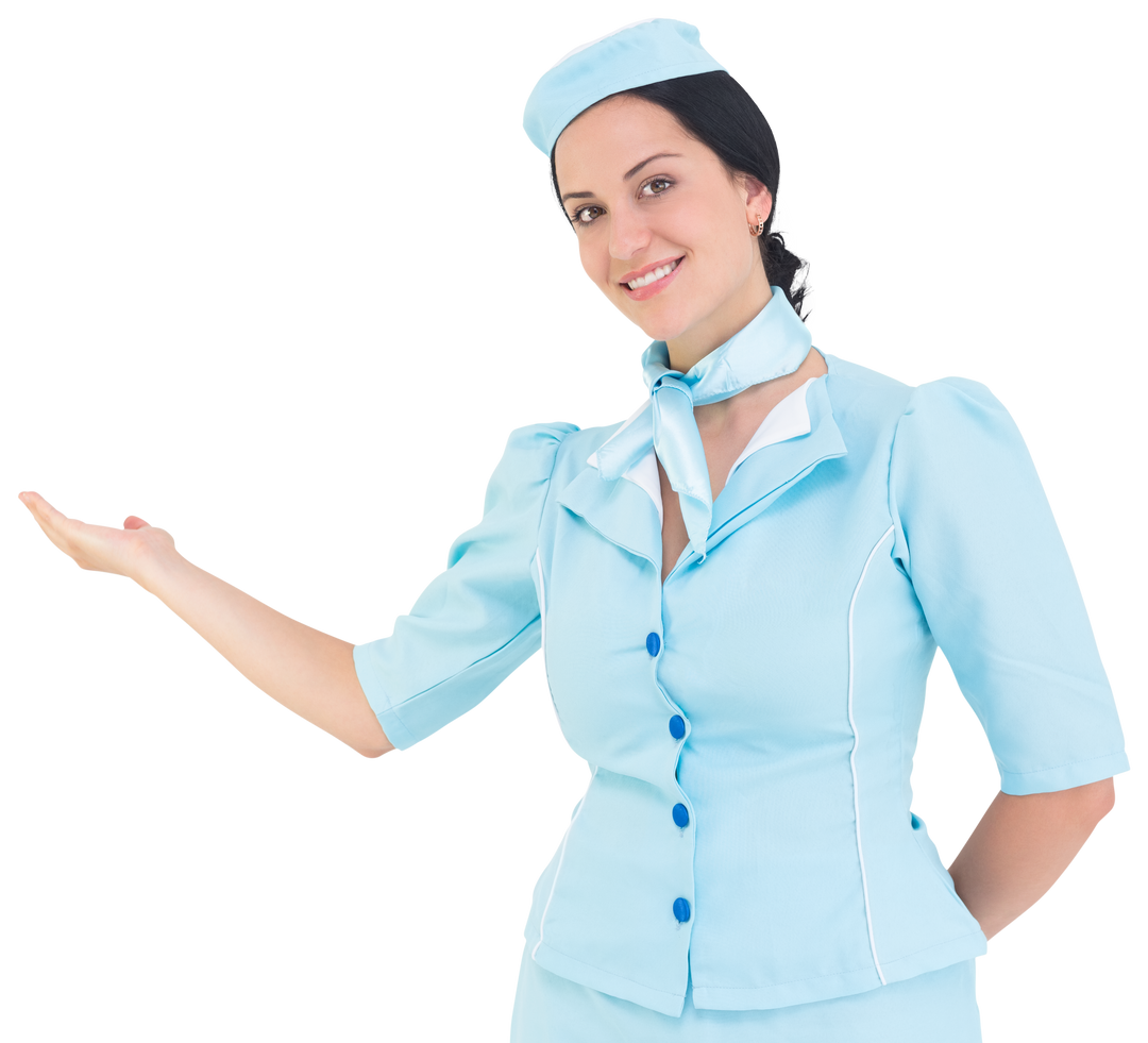 Smiling Air Hostess in Blue Uniform Presenting on Transparent Background - Download Free Stock Images Pikwizard.com