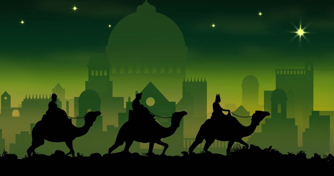 Silhouette of Three Wise Men on Camels with Cityscape in Background