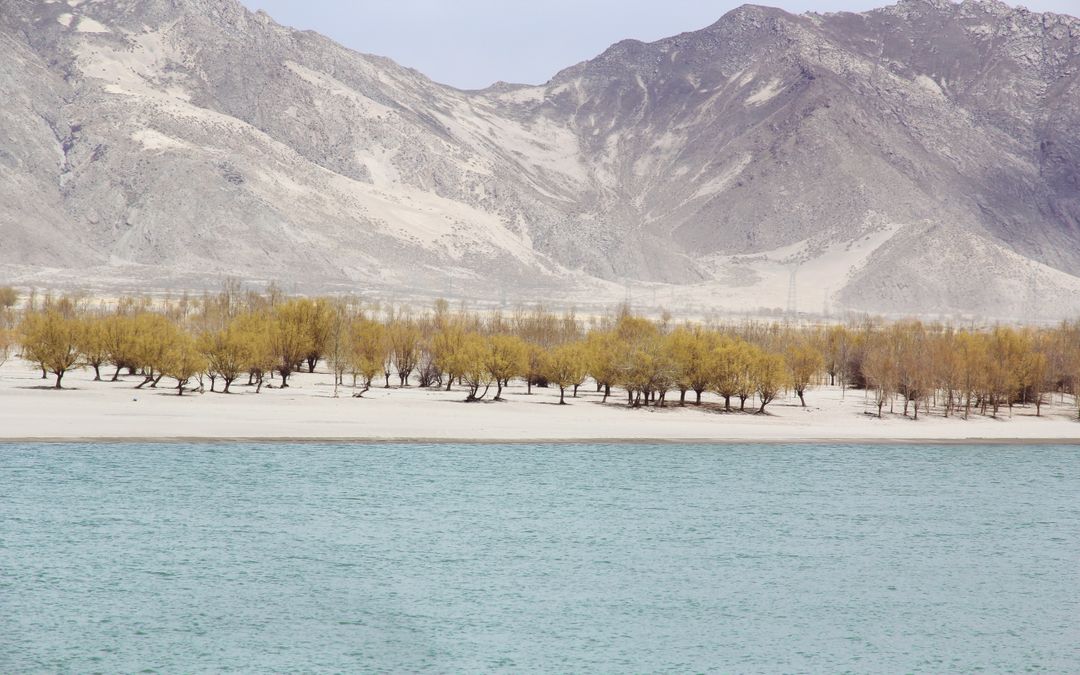 Serene Lake with Sandy Shoreline and Mountain Range in Background - Free Images, Stock Photos and Pictures on Pikwizard.com