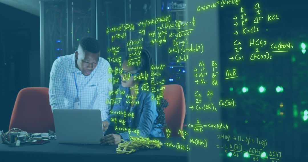 Engineers Collaborating on Futuristic Technology with Neon Formula Projections - Free Images, Stock Photos and Pictures on Pikwizard.com