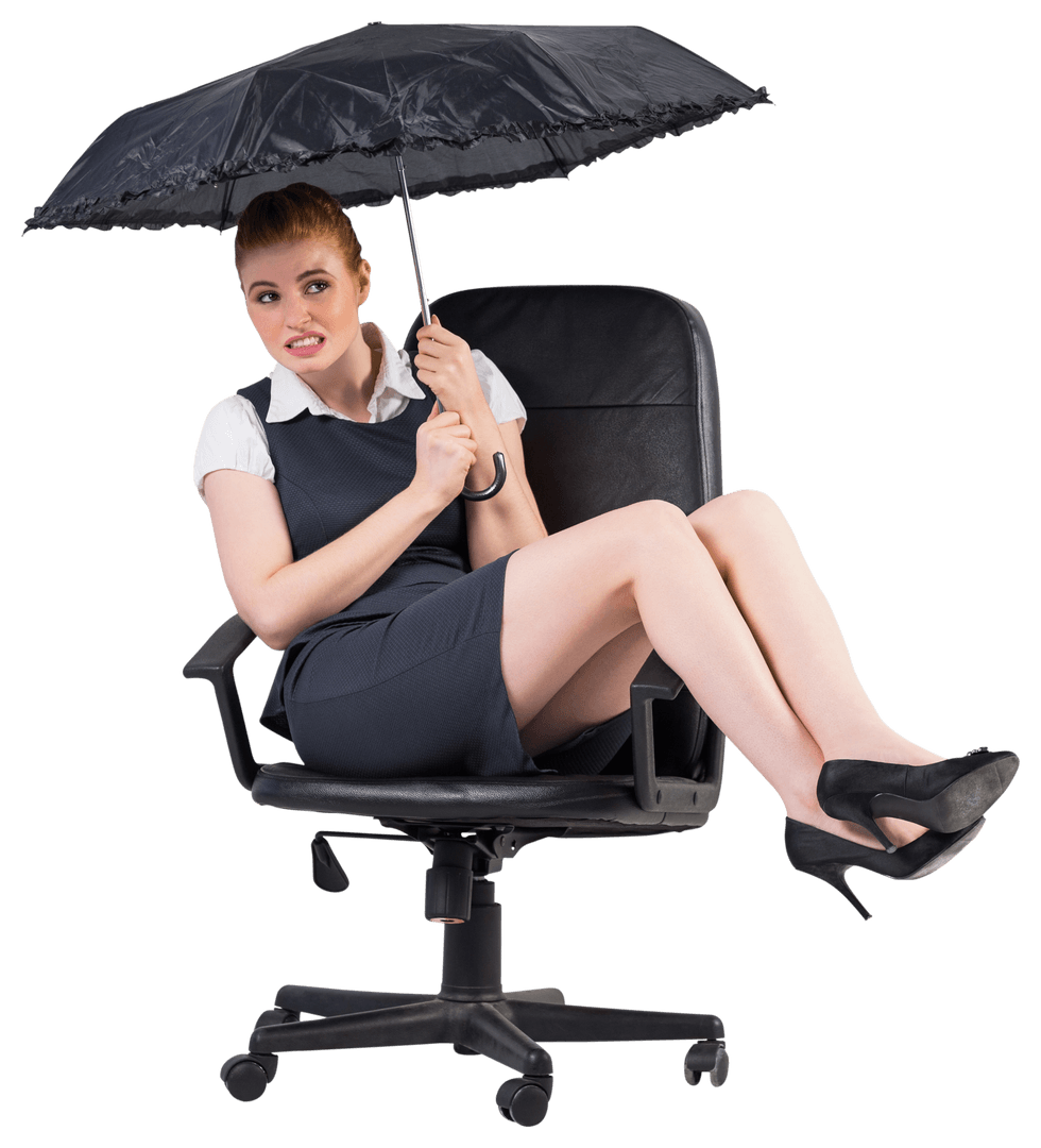 Businesswoman Seated with Umbrella in Transparent Environment