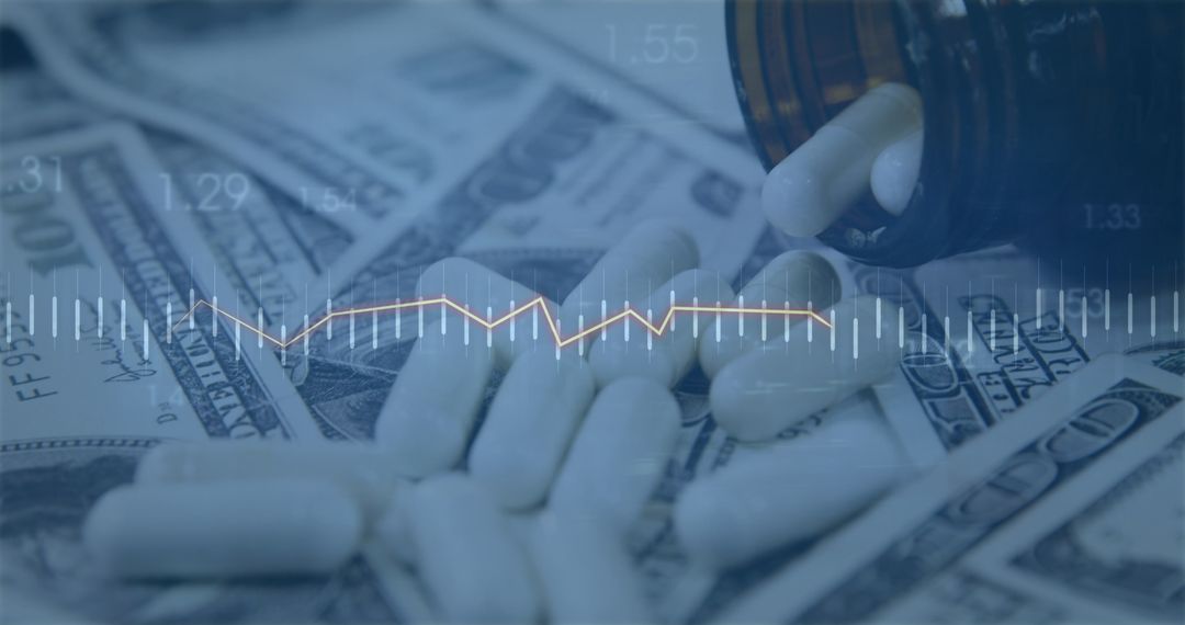 Pills and US Currency with Financial Data Overlay Graphic