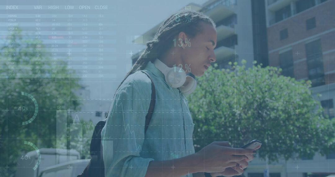 Young Man Analyzing Financial Data on Smartphone Outside