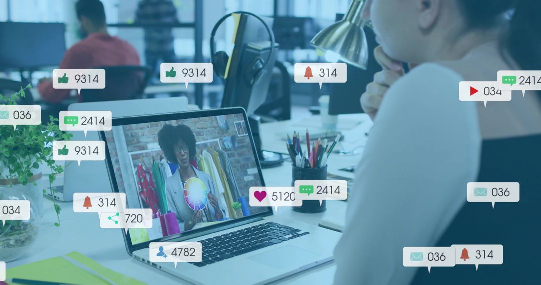 Woman watching live fashion color consultation on laptop with social media notifications