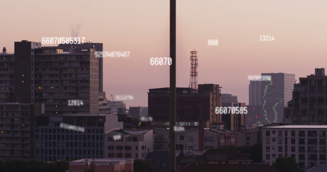 Digital Numbers Overlaying Cityscape at Dusk