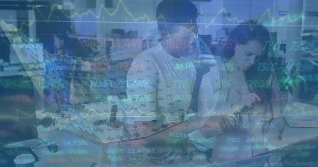 Female Colleagues Discussing in Office with Stock Data Overlay