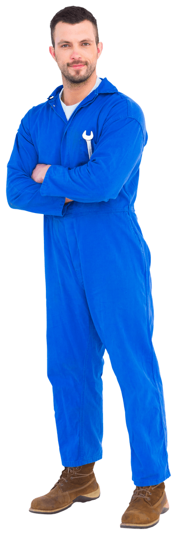 Confident Mechanic in Blue Overalls with Spanner Icon