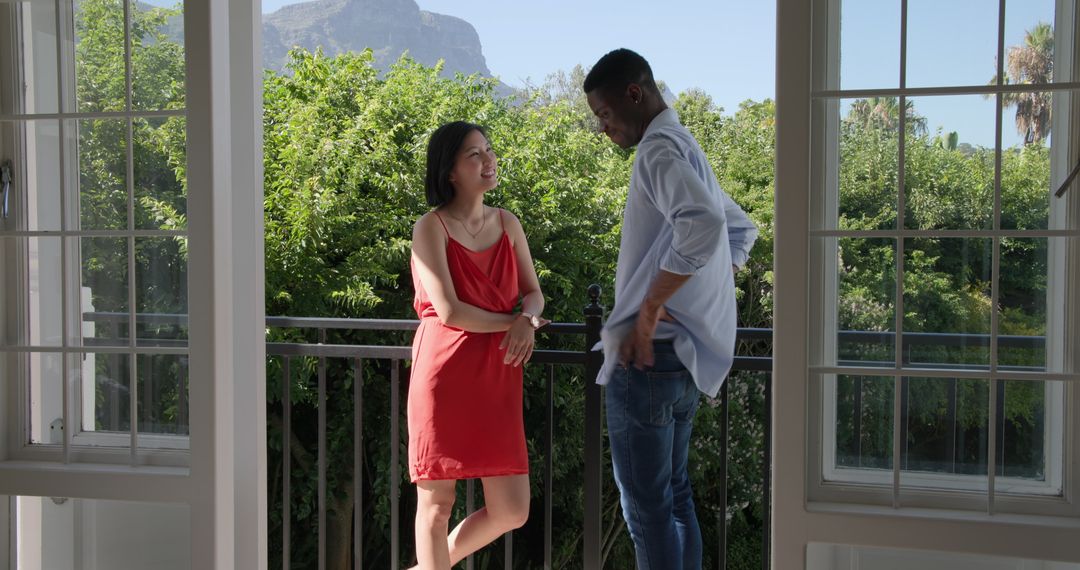 Romantic Proposal on Balcony with Scenic Greenery