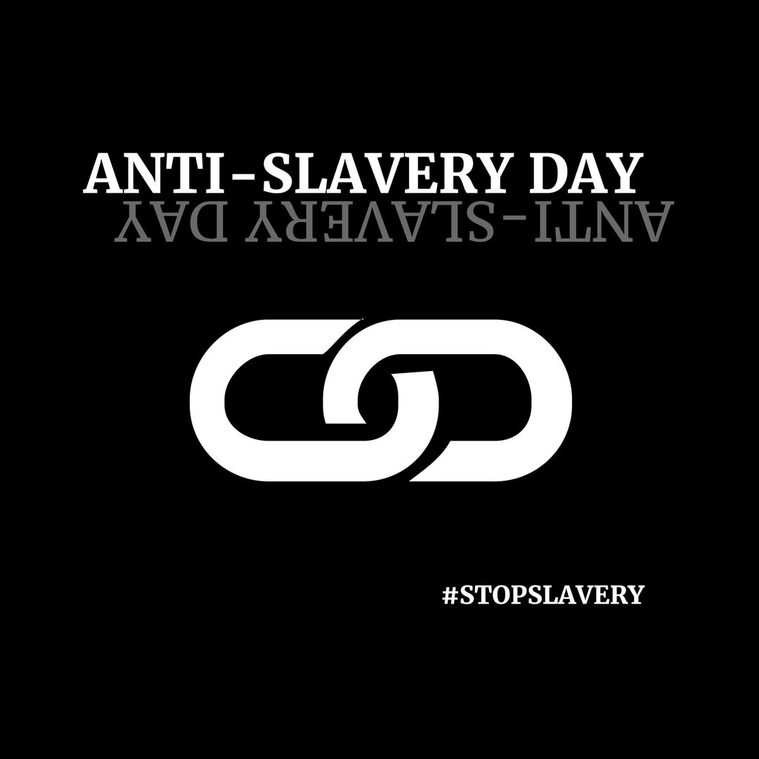 Anti-Slavery Day Chain Symbol and Hashtag on Black Background