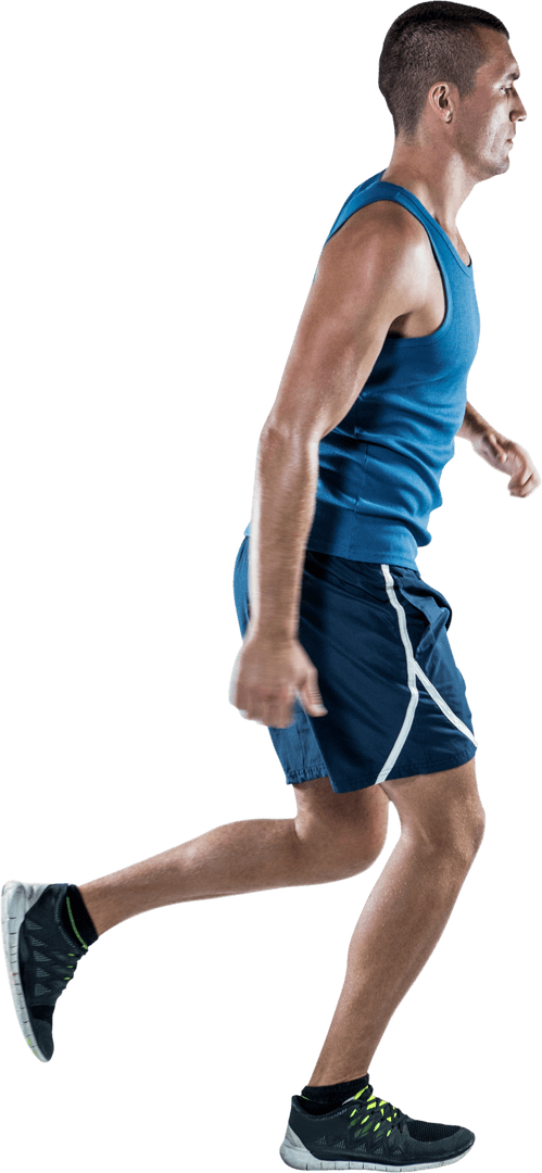 Transparent Jogging Man in Sports Attire with Blue Tank Top