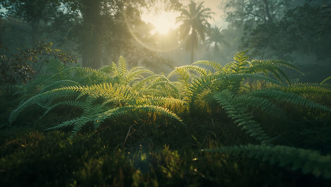 Lush Forest Floor with Ferns and Morning Sunlight