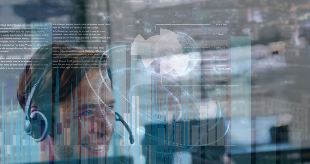 Smiling Call Center Worker with Overlay of Financial Data
