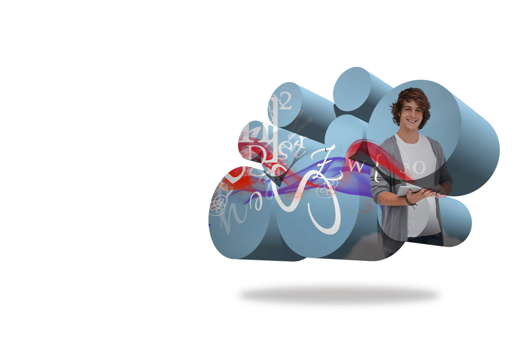 Transparent abstract display with student holding tablet