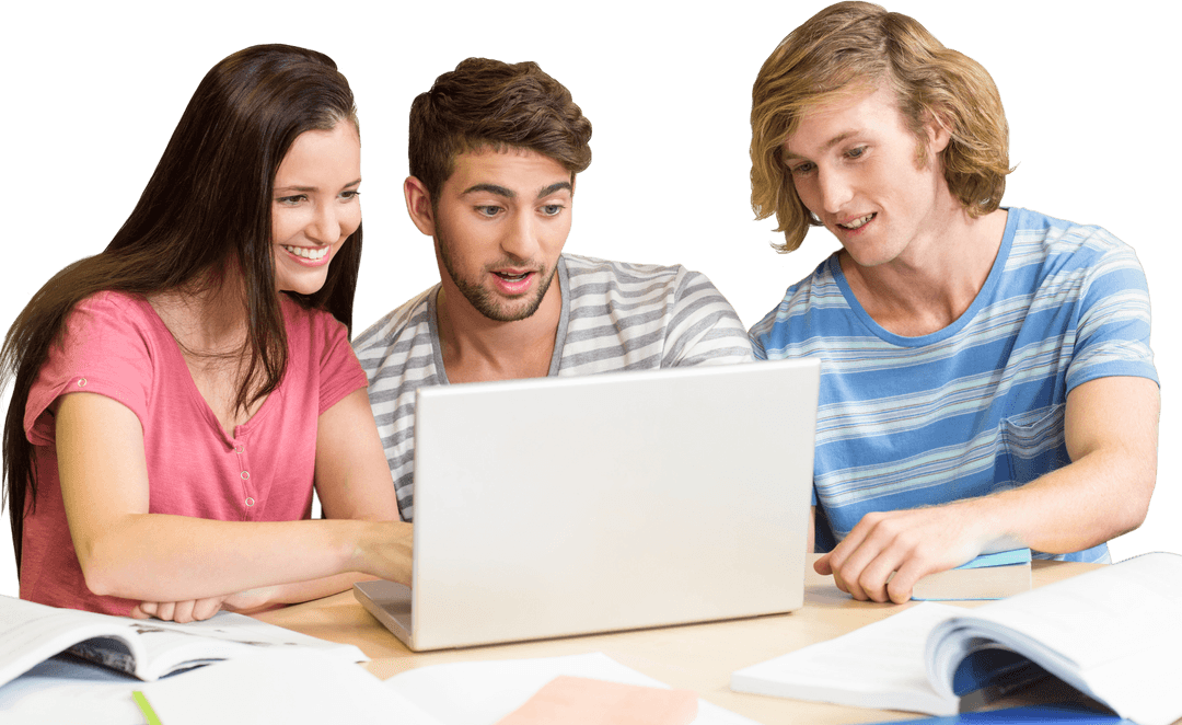Transparent Enthusiastic College Students Collaborating with Laptop