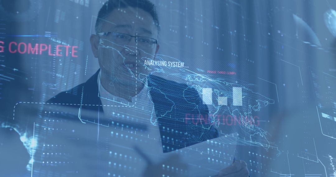 Holographic Data Display with Businessman in Background