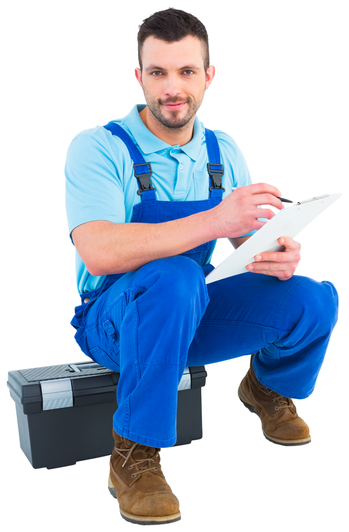 Plumber Writing on Clipboard While Sitting on Toolbox Transparent - Download Free Stock Images Pikwizard.com