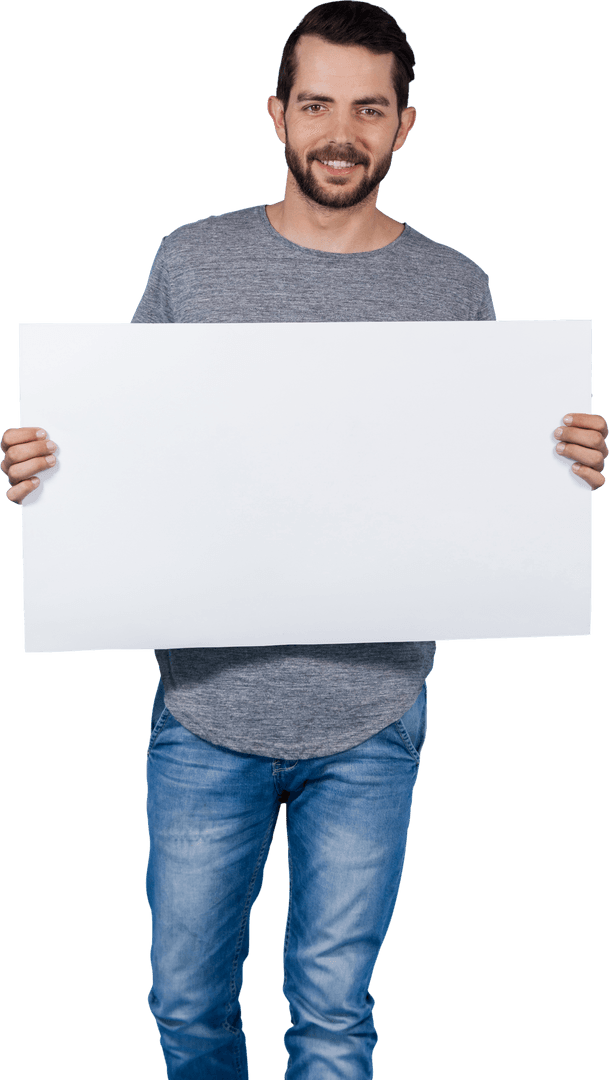 Smiling Young Man Holding Blank Cardboard on Transparent Background